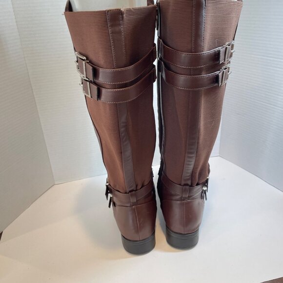 Brown Knee-High Riding Boots With Adjustable Buckles & Side Zipper - Picture 8 of 13